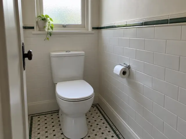 Clean white toilet in a tiled bathroom with window and mosaic floor in Chatswood